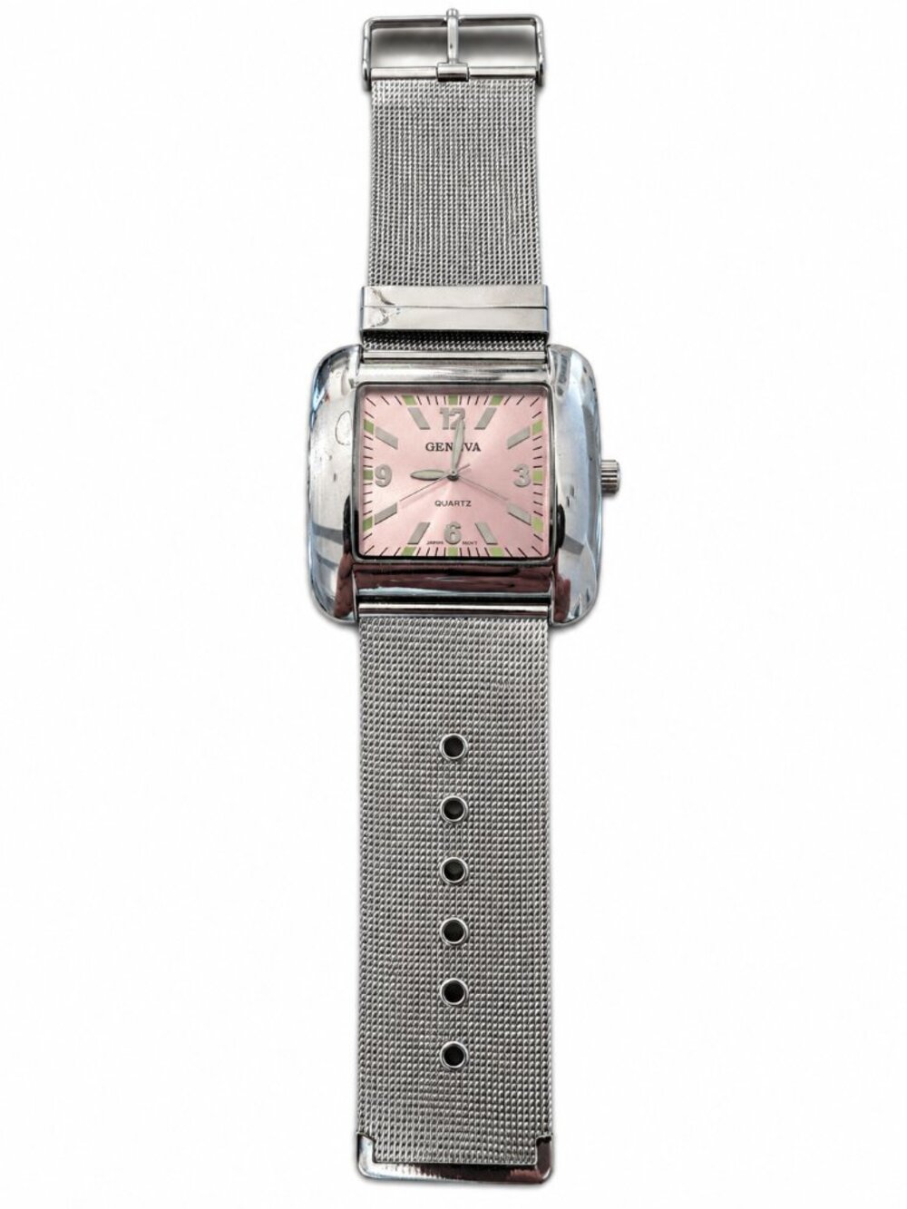Geneva Quartz Square Watch – Pink Dial – Silver Mesh Band